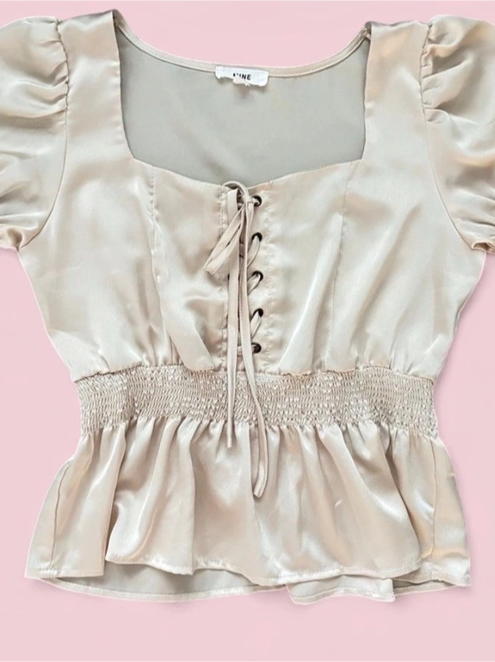 Mine Cream Satin Lace-Up Milkmaid Blouse Size M